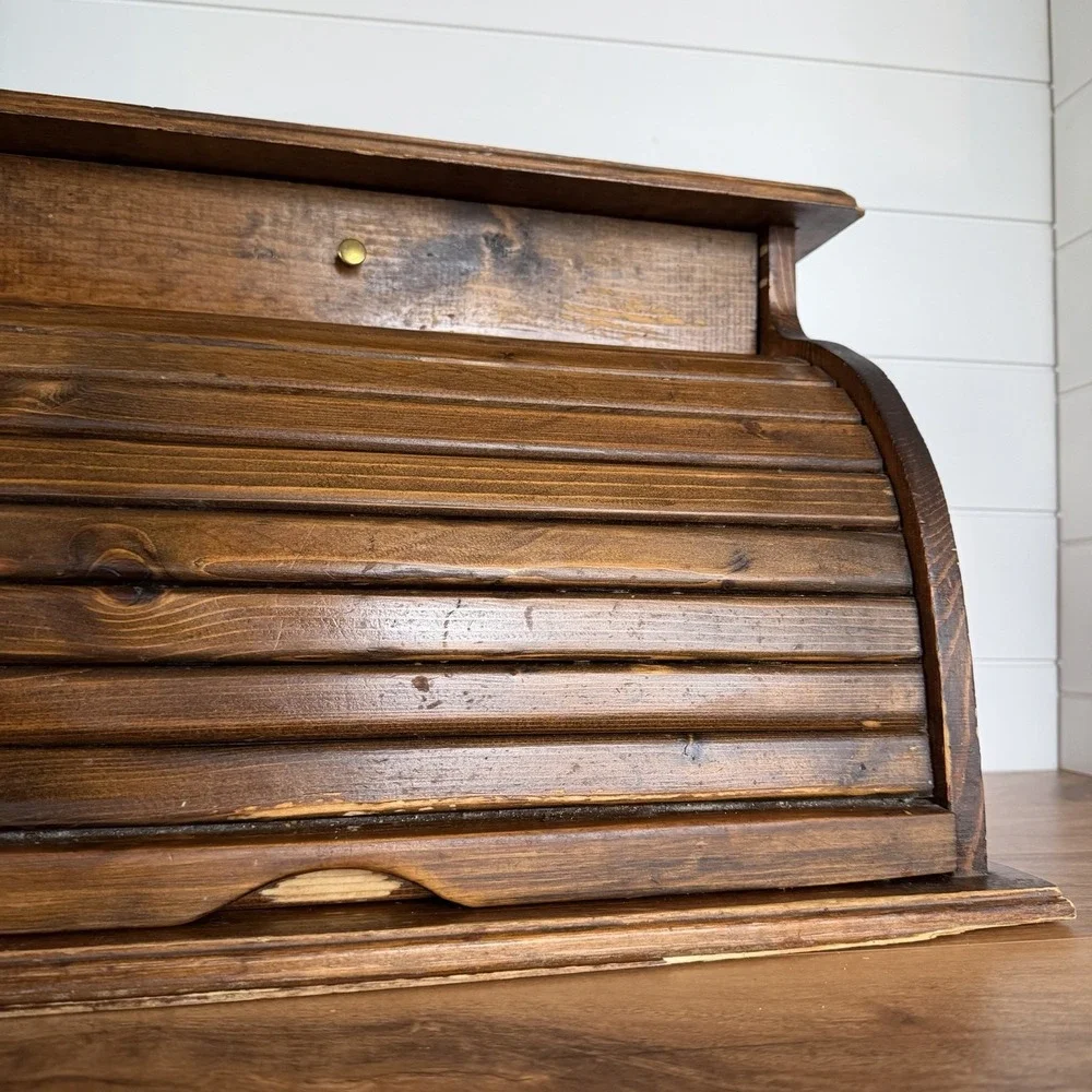 VTG XL Roll top Bread Box W/Drawer Cottagecore Rustic Farm Prairie Kitchen *Flaw